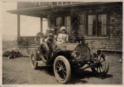 Old car in front of 1000 Ocean Blvd. Dr. Eliot Alden driving, Etta 